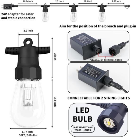 Outdoor String Lights 50FT, Outdoor Lights for Patio with 20 Dimmable RGBW LED - Picture 6 of 8